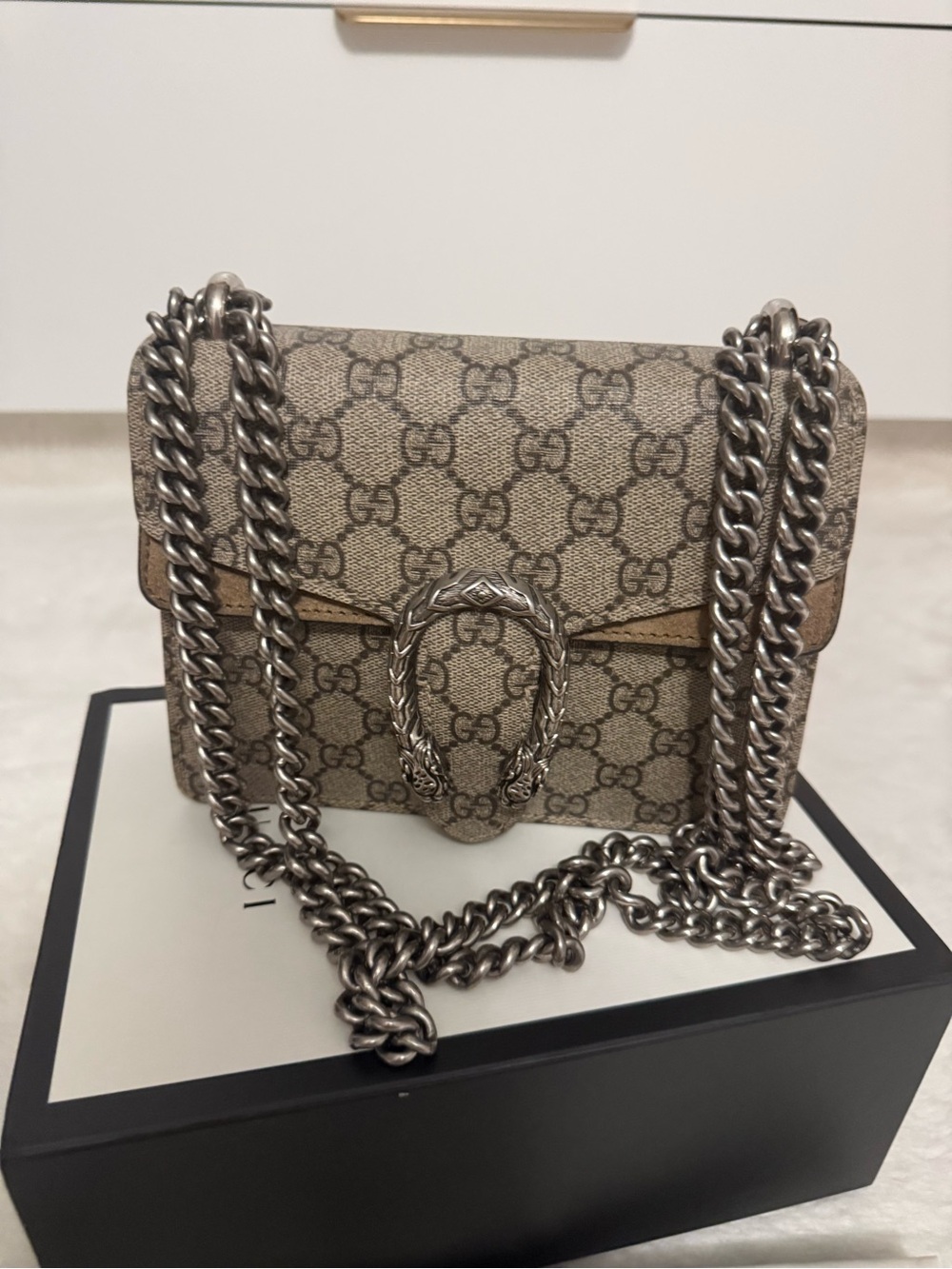 Gucci Beige GG Supreme Dionysus Mini Shoulder Bag with Silver Hardware